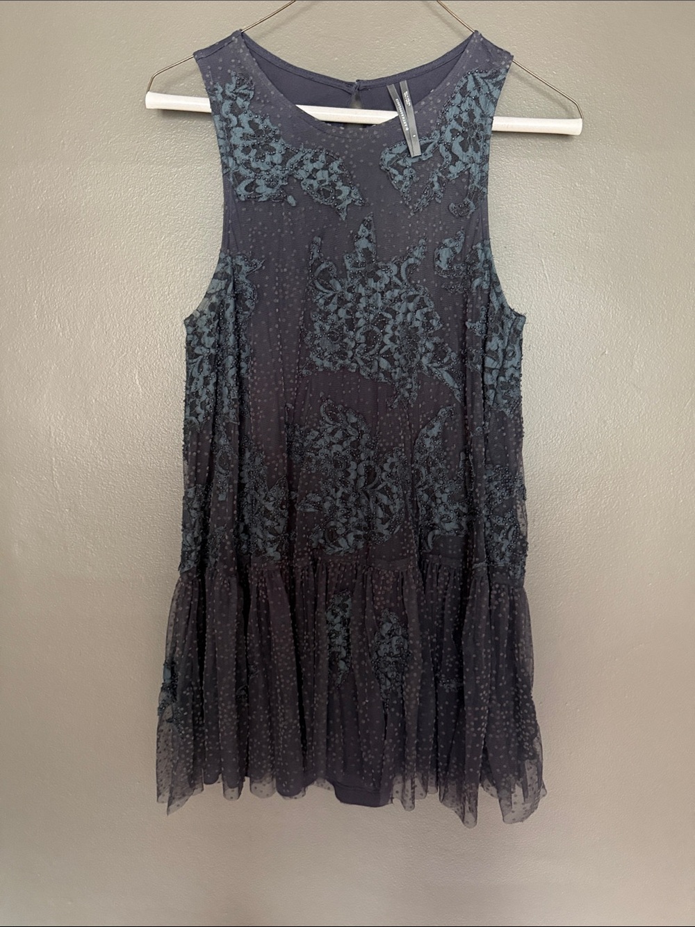 Anthropologie Navy Blue Floral Lace Sleeveless Drop-Waist Dress